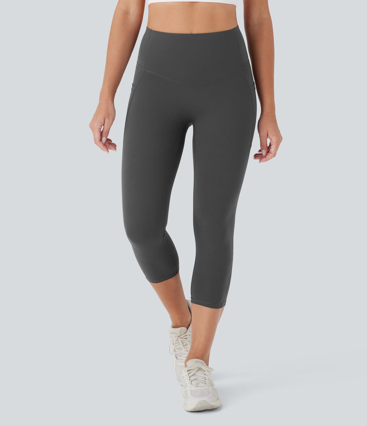 High Waisted Butt Lifting Tummy Control Pocket Shaping Capri Training Leggings — Volcanic Ash — view 2