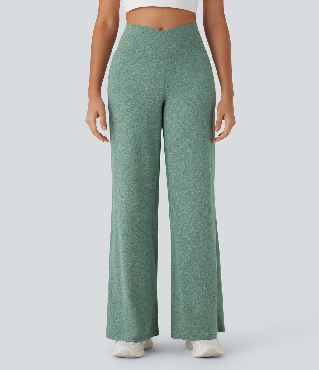 Crossover High Waisted Pocket Wide Leg Yoga Trousers — Mottled Pine Green — view 3