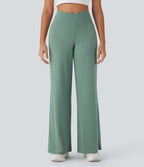 Crossover High Waisted Pocket Wide Leg Yoga Trousers — Mottled Pine Green — view 3