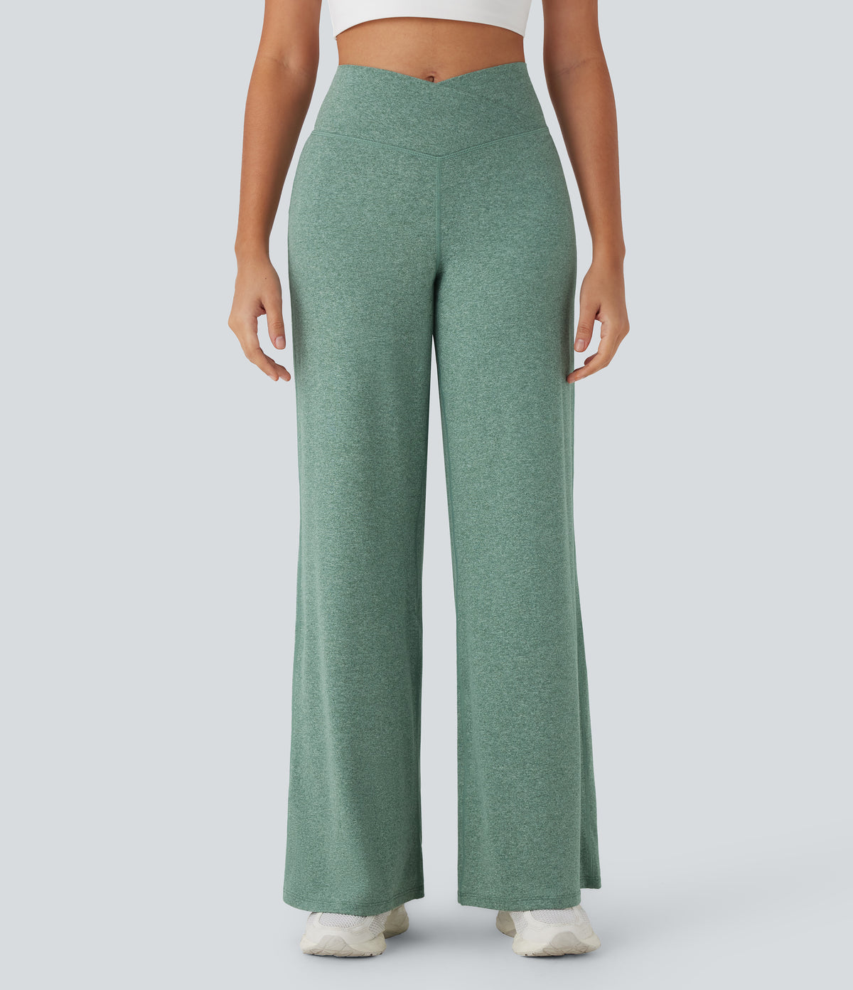 Crossover High Waisted Pocket Wide Leg Yoga Trousers — Mottled Pine Green — view 3