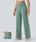 Crossover High Waisted Pocket Wide Leg Yoga Trousers — Mottled Pine Green — view 1