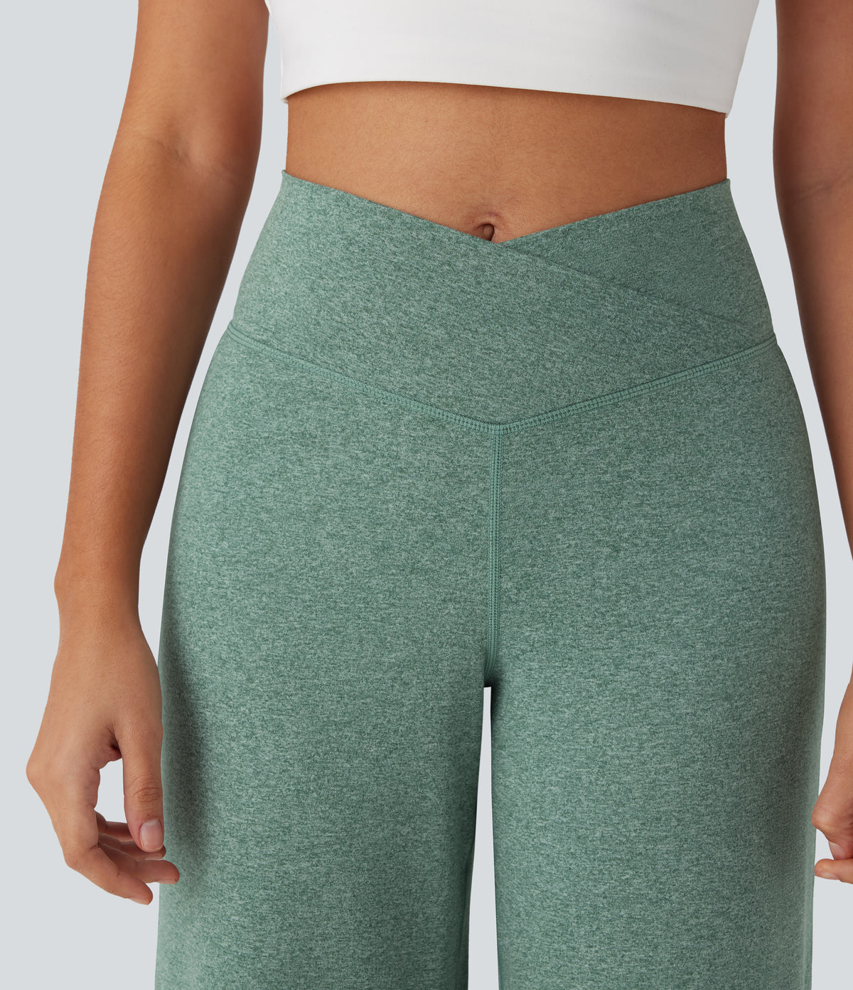 Crossover High Waisted Pocket Wide Leg Yoga Trousers — Mottled Pine Green — view 4