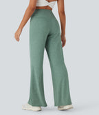 Crossover High Waisted Pocket Wide Leg Yoga Trousers — Mottled Pine Green — view 2