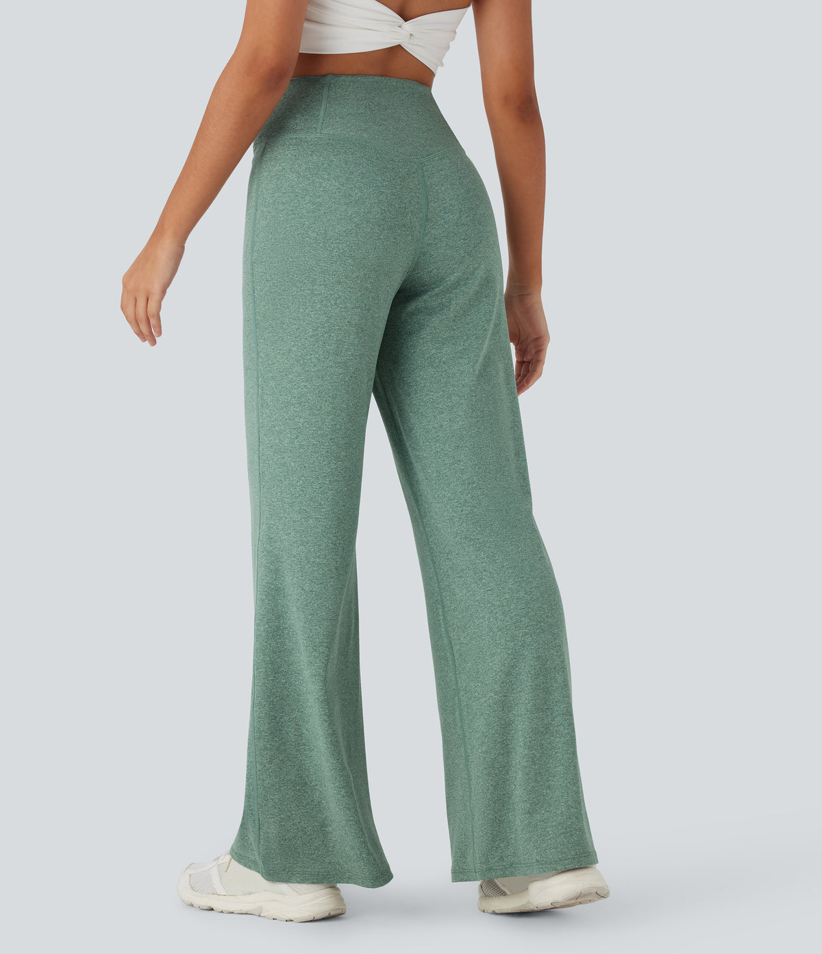 Crossover High Waisted Pocket Wide Leg Yoga Trousers — Mottled Pine Green — view 2