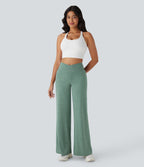 Crossover High Waisted Pocket Wide Leg Yoga Trousers — Mottled Pine Green — view 6