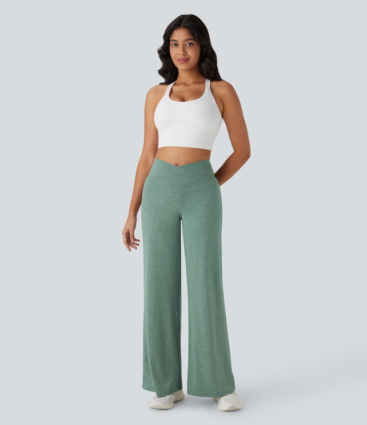 Crossover High Waisted Pocket Wide Leg Yoga Trousers — Mottled Pine Green — view 6