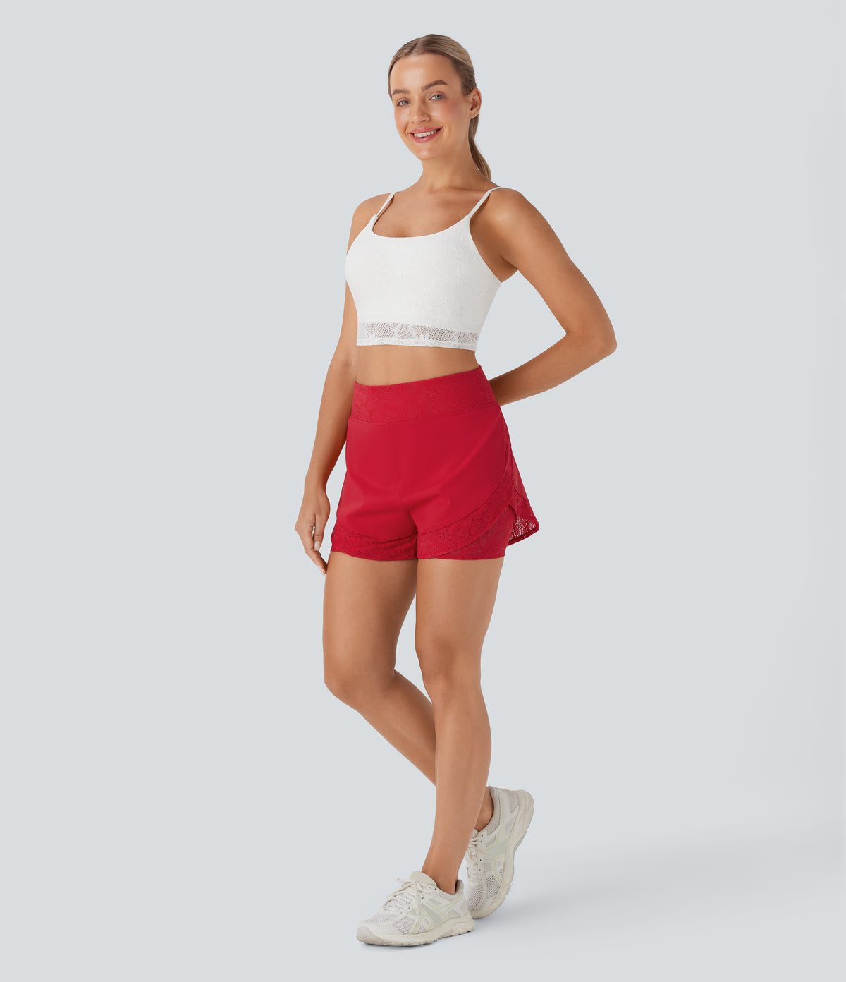 Airy High Waisted 2-in-1 Pocket Contrast Lace InstantCool Yoga Shorts — Mars Red — view 6