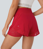 Airy High Waisted 2-in-1 Pocket Contrast Lace InstantCool Yoga Shorts — Mars Red — view 1