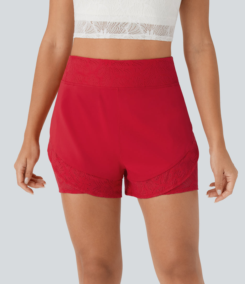 Airy High Waisted 2-in-1 Pocket Contrast Lace InstantCool Yoga Shorts — Mars Red — view 2