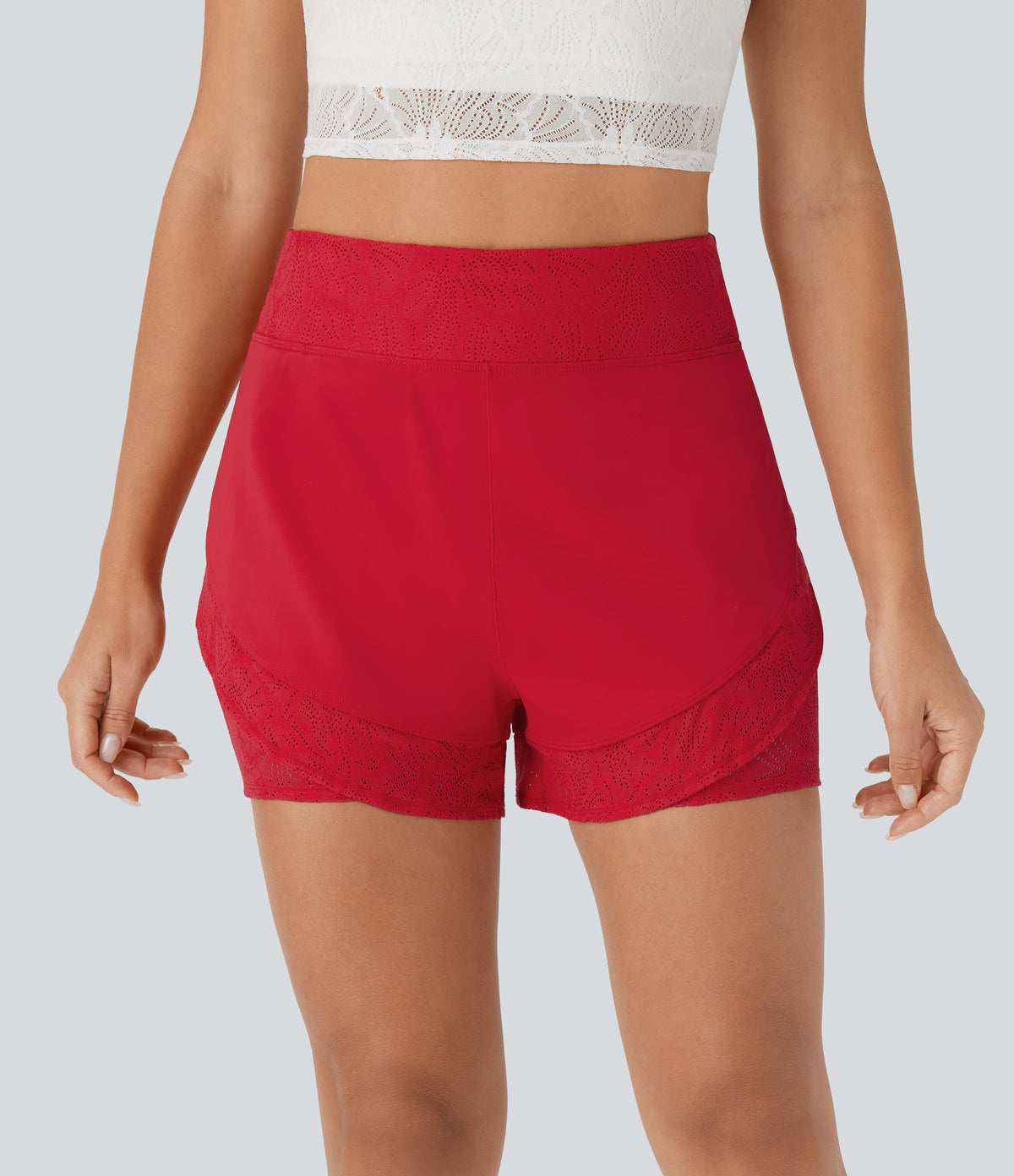 Airy High Waisted 2-in-1 Pocket Contrast Lace InstantCool Yoga Shorts — Mars Red — view 2
