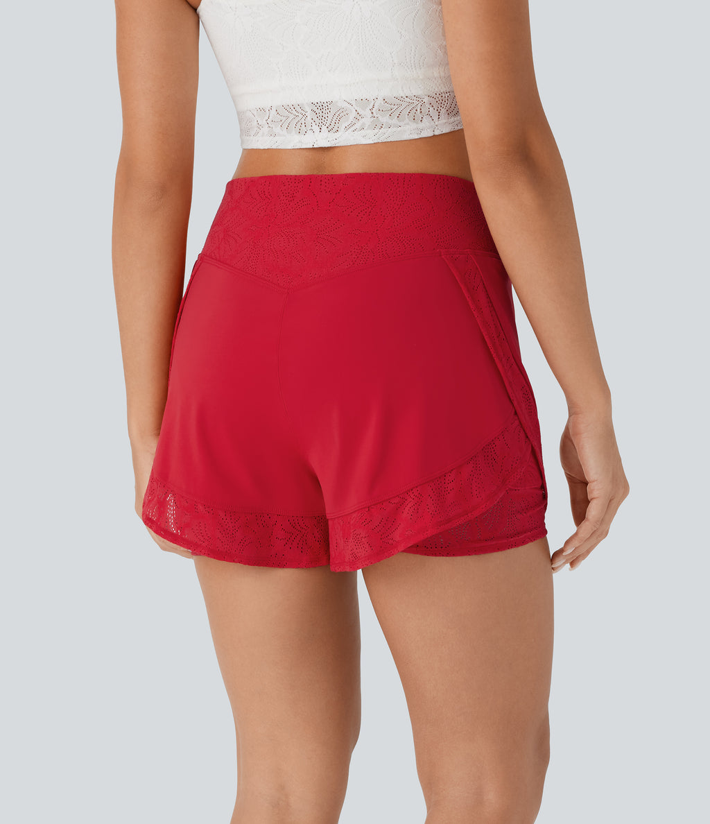 Airy High Waisted 2-in-1 Pocket Contrast Lace InstantCool Yoga Shorts — Mars Red — view 4