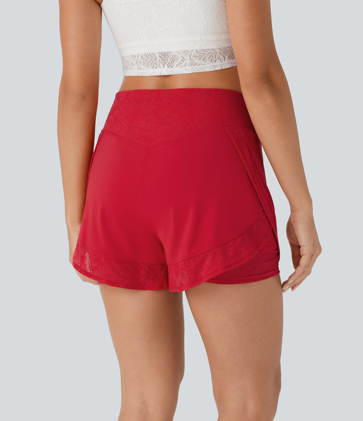 Airy High Waisted 2-in-1 Pocket Contrast Lace InstantCool Yoga Shorts — Mars Red — view 4
