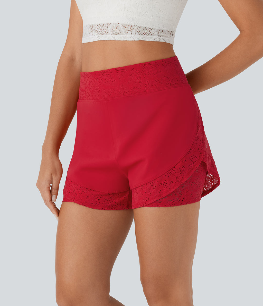 Airy High Waisted 2-in-1 Pocket Contrast Lace InstantCool Yoga Shorts — Mars Red — view 3