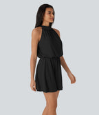 Halter Button Flowy Mini Resort Dress — Black — view 3