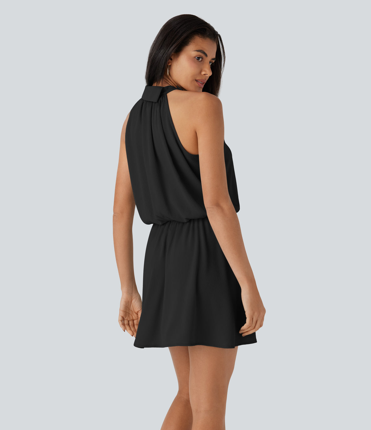 Halter Button Flowy Mini Resort Dress — Black — view 2