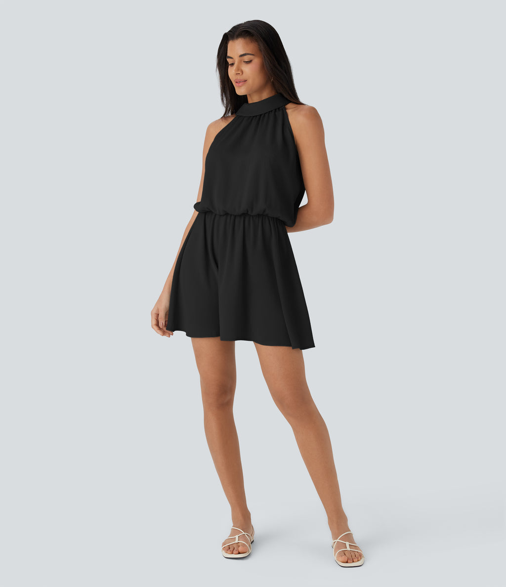Halter Button Flowy Mini Resort Dress — Black — view 7