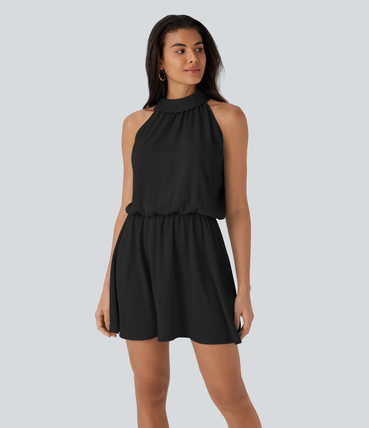 Halter Button Flowy Mini Resort Dress — Black — view 1