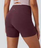 High Waisted Crossover Side Pocket Waffle Yoga Biker Shorts 5'' — Evening Red — view 4