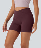 High Waisted Crossover Side Pocket Waffle Yoga Biker Shorts 5'' — Evening Red — view 3