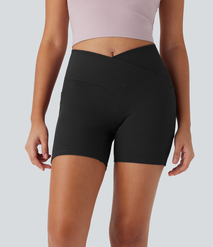 High Waisted Crossover Side Pocket Waffle Yoga Biker Shorts 5'' — Black — view 8