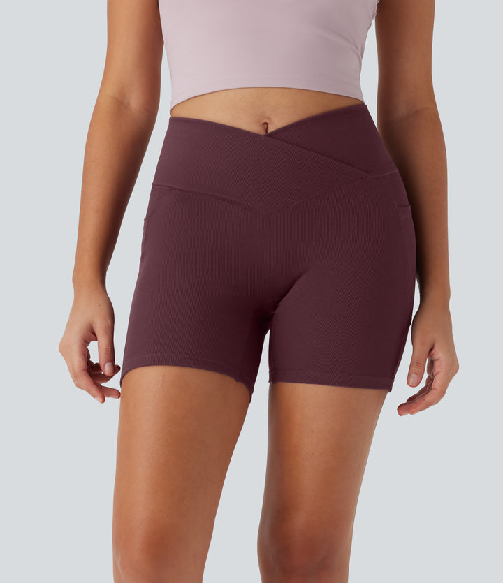 High Waisted Crossover Side Pocket Waffle Yoga Biker Shorts 5'' — Evening Red — view 1