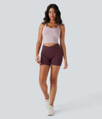 High Waisted Crossover Side Pocket Waffle Yoga Biker Shorts 5'' — Evening Red — view 6