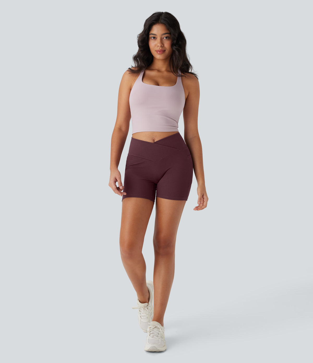 High Waisted Crossover Side Pocket Waffle Yoga Biker Shorts 5'' — Evening Red — view 6