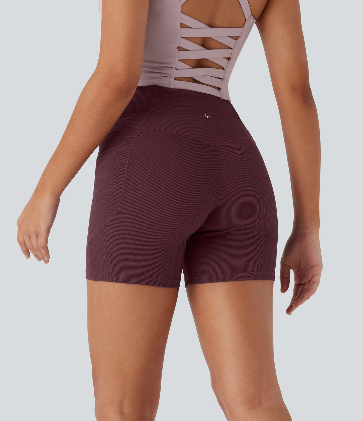 High Waisted Crossover Side Pocket Waffle Yoga Biker Shorts 5'' — Evening Red — view 2