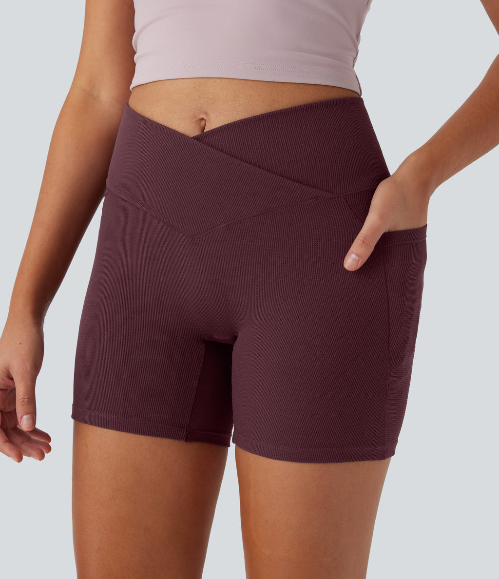 High Waisted Crossover Side Pocket Waffle Yoga Biker Shorts 5'' — Evening Red — view 5