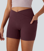 High Waisted Crossover Side Pocket Waffle Yoga Biker Shorts 5'' — Evening Red — view 5