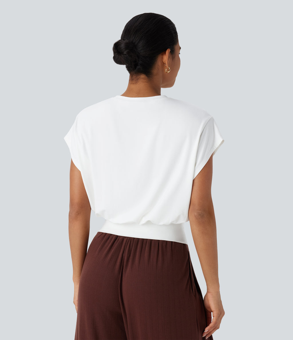 Round Neck Short Batwing Sleeve Work T-Shirt — White — view 2