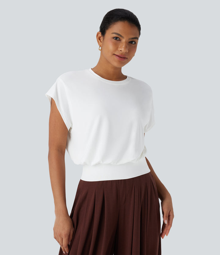 Round Neck Short Batwing Sleeve Work T-Shirt — White — view 1