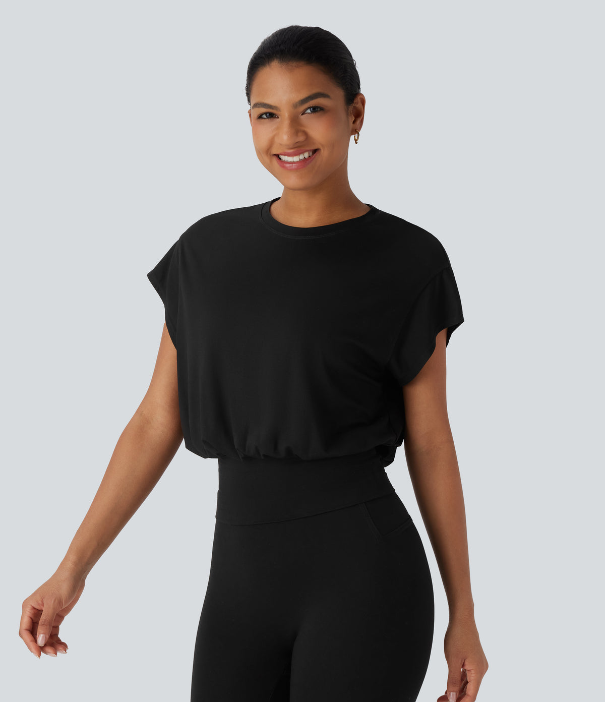 Round Neck Short Batwing Sleeve Work T-Shirt — Black — view 6