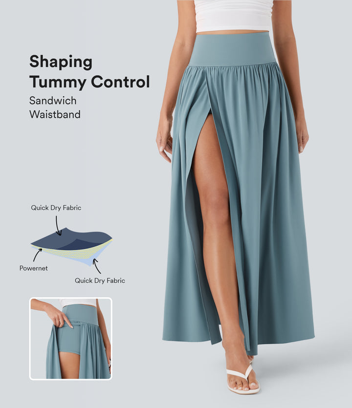 High Waisted Tummy Control 2-in-1 Flowy Quick Dry Maxi Skirt — Stone Blue — view 1