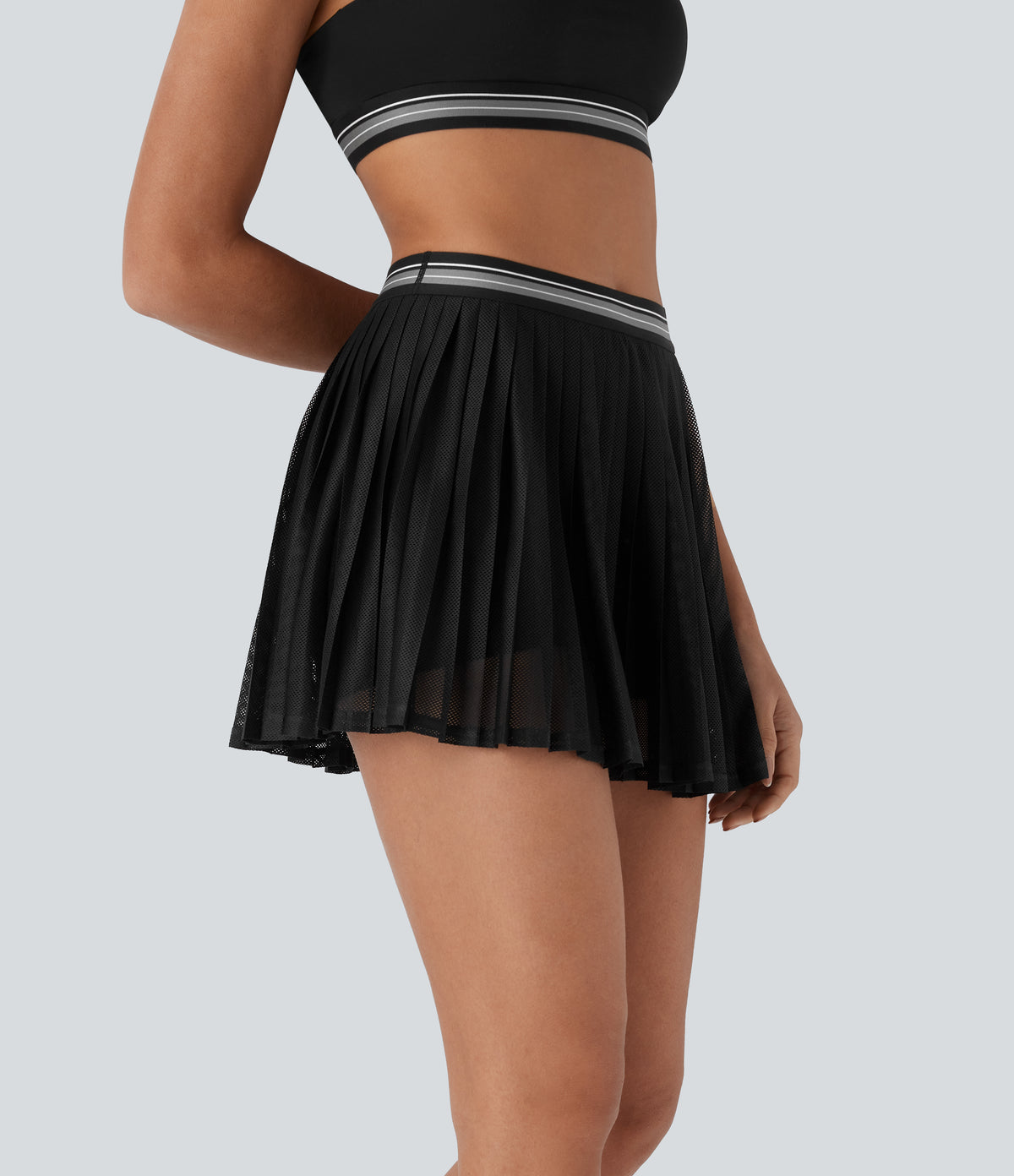 High Waisted Color Block 2-in-1 Pocket Cut Out Pleated Quick Dry Mini Tennis Skirt — Black — view 3