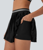 High Waisted Color Block 2-in-1 Pocket Cut Out Pleated Quick Dry Mini Tennis Skirt — Black — view 5