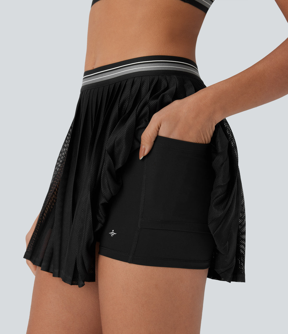 High Waisted Color Block 2-in-1 Pocket Cut Out Pleated Quick Dry Mini Tennis Skirt — Black — view 5
