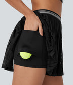 High Waisted Color Block 2-in-1 Pocket Cut Out Pleated Quick Dry Mini Tennis Skirt — Black — view 4