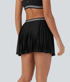 High Waisted Color Block 2-in-1 Pocket Cut Out Pleated Quick Dry Mini Tennis Skirt — Black — view 2