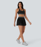 High Waisted Color Block 2-in-1 Pocket Cut Out Pleated Quick Dry Mini Tennis Skirt — Black — view 6