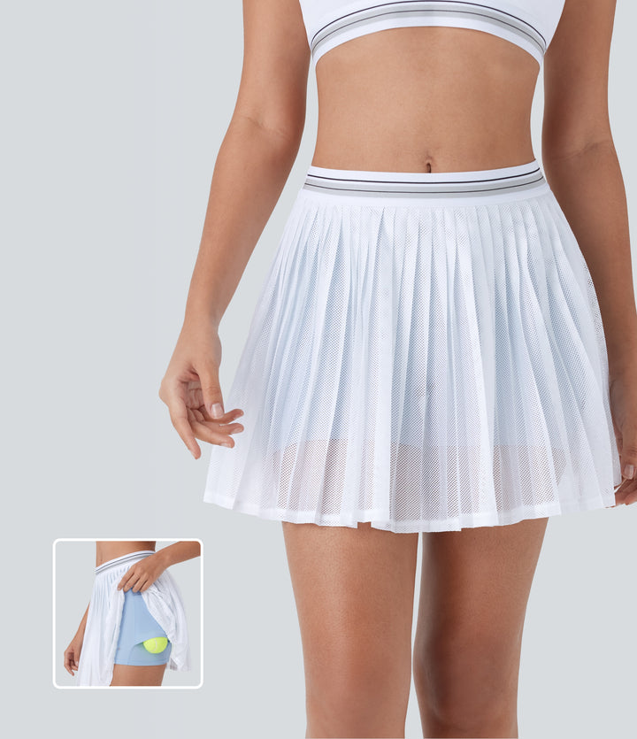 High Waisted Color Block 2-in-1 Pocket Cut Out Pleated Quick Dry Mini Tennis Skirt — Frost White — view 7