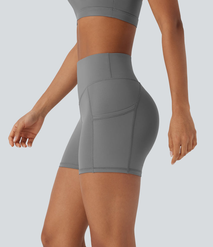 Faux Leather High Waisted Pocket Quick Dry Yoga Biker Shorts 4' — Steel Gray — view 1
