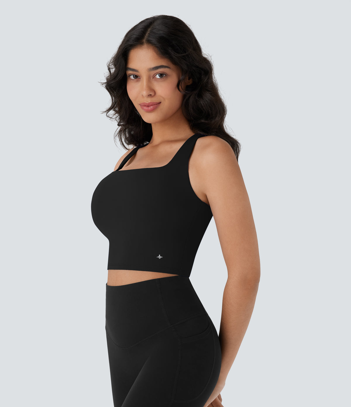 Airy Square Neck Cropped Yoga Tank Vest Top DD-F Cups — Black — view 3