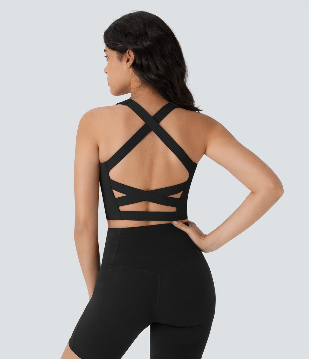 Airy Square Neck Cropped Yoga Tank Vest Top DD-F Cups — Black — view 4