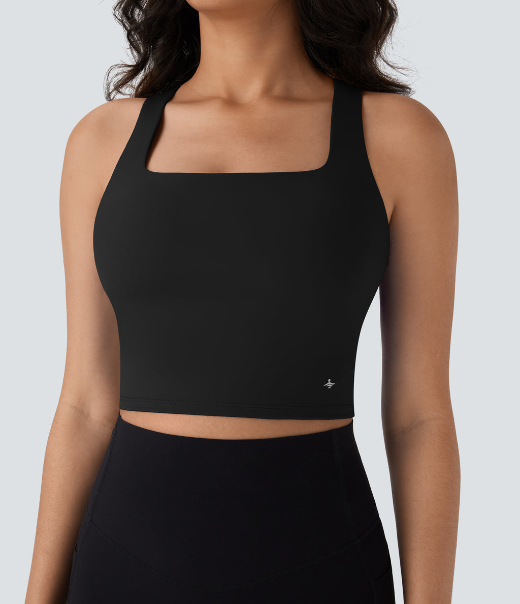 Airy Square Neck Cropped Yoga Tank Vest Top DD-F Cups — Black — view 5