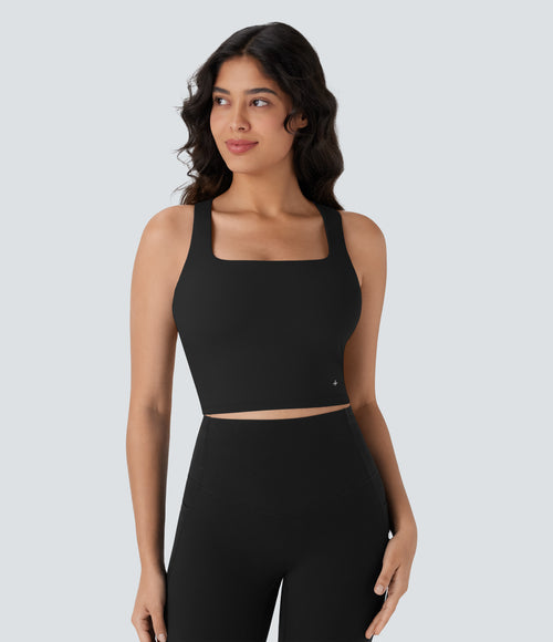 Airy Square Neck Cropped Yoga Tank Vest Top DD-F Cups — Black — view 2
