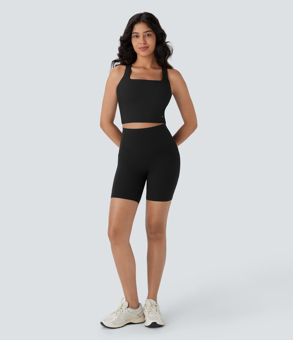 Airy Square Neck Cropped Yoga Tank Vest Top DD-F Cups — Black — view 6