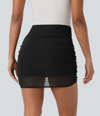 High Waisted Ruched 2-in-1 Side Pocket Contrast Mesh Bodycon Mini Casual Skirt — Black — view 2