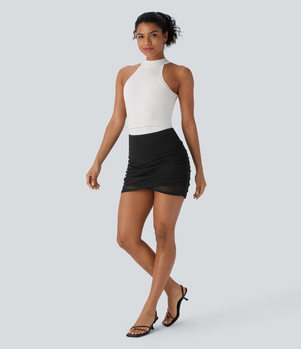 High Waisted Ruched 2-in-1 Side Pocket Contrast Mesh Bodycon Mini Casual Skirt — Black — view 5