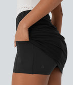 High Waisted Ruched 2-in-1 Side Pocket Contrast Mesh Bodycon Mini Casual Skirt — Black — view 4